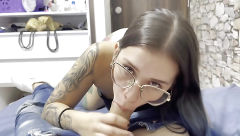 Horny slut takes off and cum in her mouth